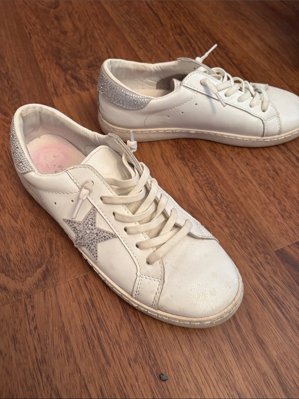 Women's White Leather Sneakers with Glitter Star and Heel Accent